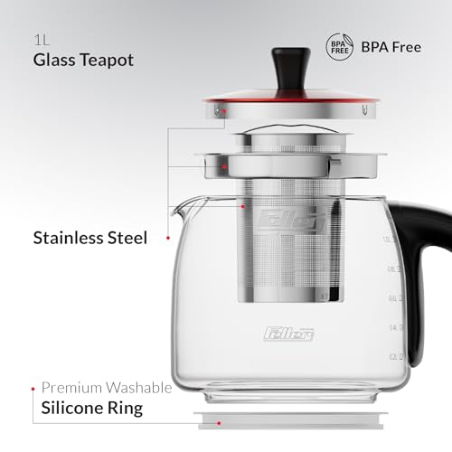 Feller Germany TS289 2-in-1 Tea Maker, 2L German Schott Glass Kettle + 1L Teapot, 2200W Strix Control, Keep Warm, BPA Free, Stainless Steel Filter (Red)