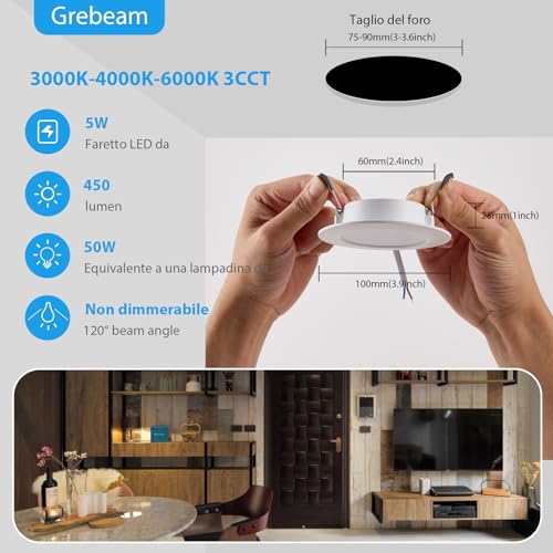 Grebeam Pack of 20 LED Recessed Spotlights for Plasterboard, 5W, Round, Warm White 3000K/Neutral White 4000K/Cool White 6000K Adjustable, Hole Ø75-90 mm, LED Ceiling Spotlights for Bathroom Kitchen