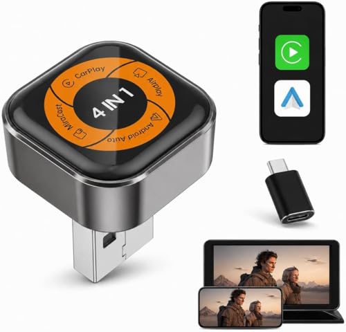 4-in-1 Wireless CarPlay Adapter for Apple CarPlay & Android Car, AirPlay & MirrorLink Screen Mirroring, Wired to Wireless Car Play Adapter, 5.8GHz WiFi Bluetooth 5.4, Plug & Play, USB-A/C, Orange