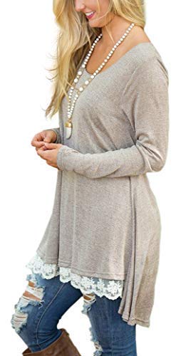 WEKILI Women's Tops Long Sleeve Lace Scoop Neck A-line Tunic Blouse Khaki L/US 12-14