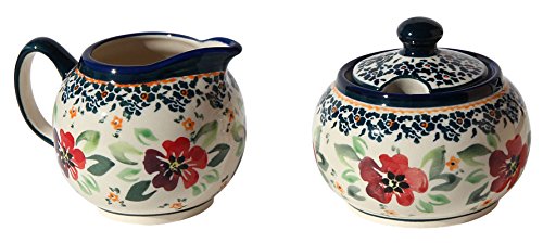 Polish Pottery Sugar Bowl and Creamer From Zaklady Ceramiczne Boleslawiec #694/711-du116 Unikat Pattern, Sugar Bowl: Height: 3.7" Creamer: Height: 3.4" - Thumbnail 2