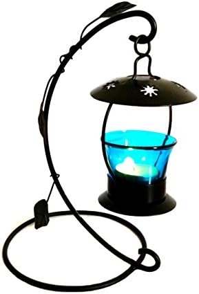 Aniksha Home Decor Metal Glass Hanging Tea LightCandle Holder With Stand / Home Garden Decor / Home Desk Decoration/ HangingLantern / Candle Holder / Candle Light Dinner Decoration / One Tealight candle free (black & blue)