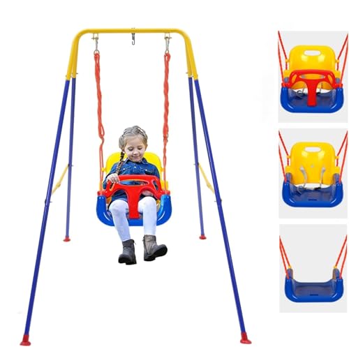 AM ANNA 3-in-1 Toddler Swing Set with Stand, Indoor/Outdoor Baby Swing with Foldable Metal Stand, Kids Swing Set for Backyard, Clear Instructions, Easy to assemble and store