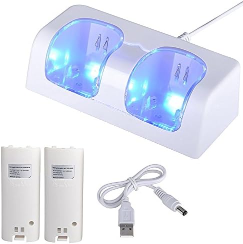 Swingdog Dual Wii Remote Charger Charging Station with 2 Rechargeable Batteries & LED Light for Wii Remote Control- (Original Wii Controllers Not Included) (white)