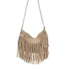 Hoxis Studded Tassel Faux Suede Leather Hobo Cross Body Chain Shoulder Bag Womens Skatchel (Khaki)