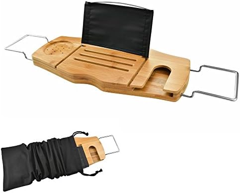 Ultimate Bamboo Bathtub Caddy Wood Tray Table with Non Slip Extending Sides, Wine Glass Holder &amp; Waterproof Reading Rack Perfect for Kindles, Smartphones &amp; Tablets! (+BONUS STORAGE POUCH+)