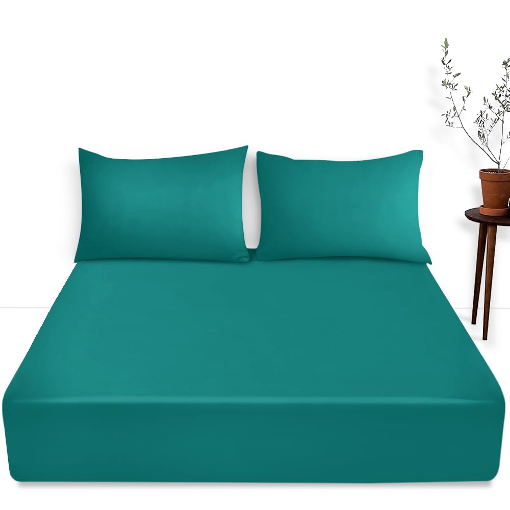 Luxury Bedding Fitted Sheet Double - Plain Dyed Deep Teal Bed Sheet - Polycotton Deep Pockets Bedsheet 16 inch (40 cm) - Machine Washable