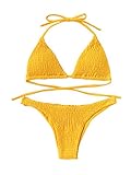 SweatyRocks Women's Sexy Bathing Suit Solid Color High Neck Tie Back Shirred Bikini Swimsuit