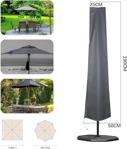 RICHIE Garden Parasol Cover for Garden Umbrella Covers Fit 2.5 to 4m Diameter Parasols 190x25x50cm Waterproof 600D Oxford PVC Coating with Heavy-duty Zip and Adjustable Drawstring Cord at Bottom, Grey