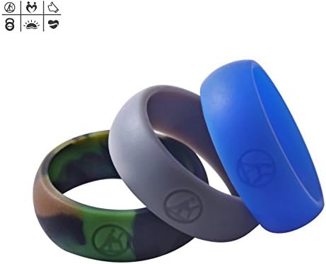 Silicone Wedding Ring for Men,Health &amp; Fitness Series, Optimizing Surface, Edge Trimmed Completely, 3 Rings Pack (11, Cerulean, Gray, Camo)