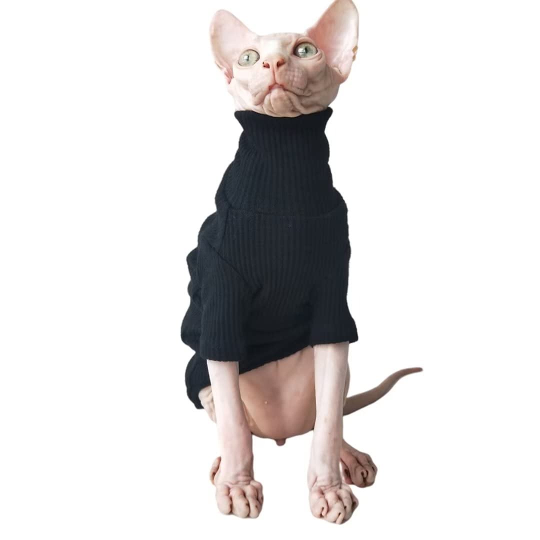 Sphynx Hairless Pet Clothes Turtleneck Sweater - Soft Cotton Breathable Pullover for Rex Cat, Bambino & Peterbald (Black S)