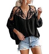 Asvivid V Neck Crochet Lace Tops for Women Casual Loose Puff Sleeve Fall Shirts Flowy Chiffon Blo...