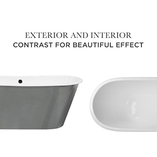 MAYKKE Woodward 67" Industrial Oval Cast Iron Bathtub | Freestanding White Bateau Tub with Gun Metal Silver Stainless Steel Skirt, Overflow, for Bathroom | cUPC Certified, Drain Included | NHA1010101