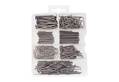ASSORTED HARDWARE NAIL KIT, includes Picture Hanging Nails, Finish, Wire, Brad and Common Use. This Kit comes in an Organized Plastic Box and has 550 Heavy Duty Durable Nails.