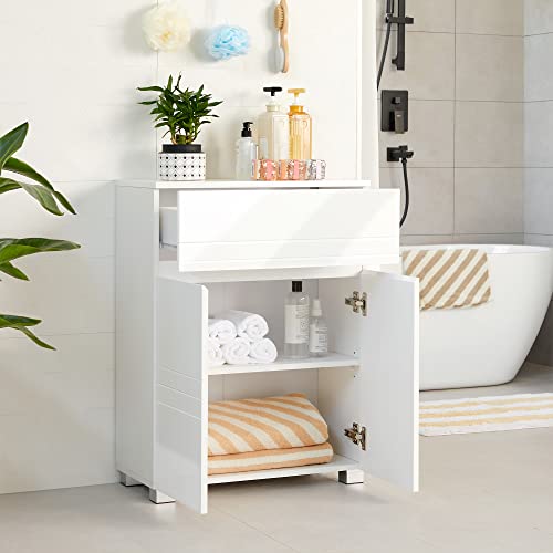 Vasagle BBK140W01 Bathroom Cabinet, cupboard with drawer, bathroom cabinet with double door, adjustable shelves, with feet for bathroom, hallway, entrance area, 60 x 30 x 80 cm, white