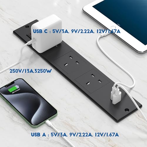 LBOYLOVE® Recessed Power Socket, Desk Recessed Plug Socket with 3 UK Plugs, 2 USB Ports, 2M/6.56FT Cable, Hidden Furniture Socket with Overload Switch for End Table, Sofa, Cabinet