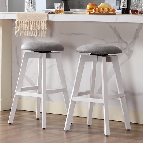 Photo 1 of Fahomiss 26 Inch Bar Stools Set of 2, Swivel Kitchen Counter Stool, Backless Breakfast Stools,Counter Height Bar Stool for Home Bar Dining Room, Solid Wood with 360 Swivel Seat, White Leg/Gray seat