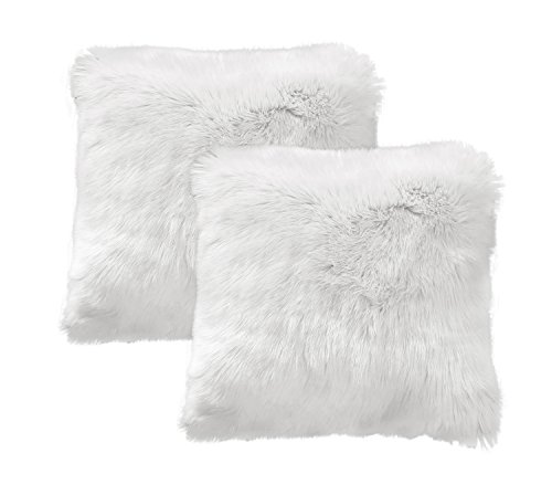 Ojia Pack of 2 Deluxe Home Decorative Super Soft Plush Mongolian Faux Fur Throw Pillow Cover Cushion Case, 18 x 18 Inch (18 x 18 Inch, White)