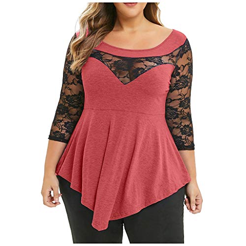 Lutos Women Plus Size O-Neck Floral Lace Asymmetric Three Quarter Ruffles Tops Tee Pink