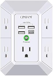 USB Wall Charger, Surge Protector, QINLIANF 5 Outlet Extender with 4 USB Charging Ports ( 4.8A Total) 3-Sided 