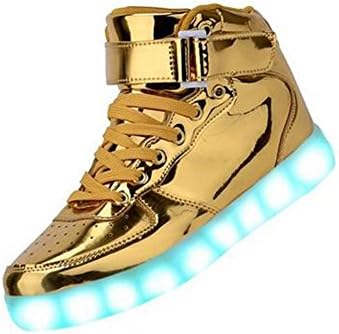 Women High Top USB Charging LED Shoes Flashing Sneaker (6.5US, Gold)