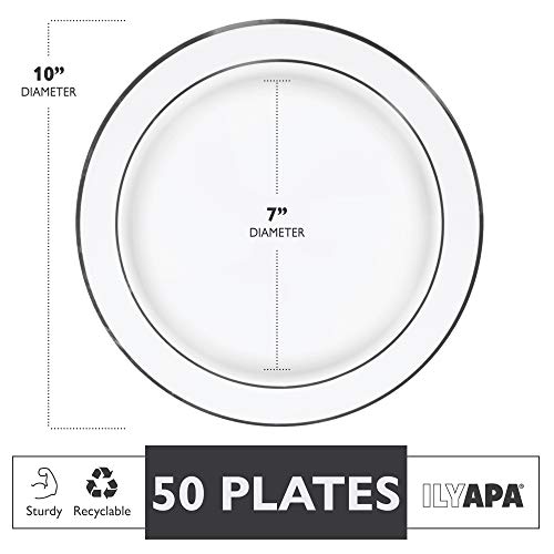 image for Ilyapa 50 Premium Silver Rim Plastic Plates for Dinner Party or Weddin