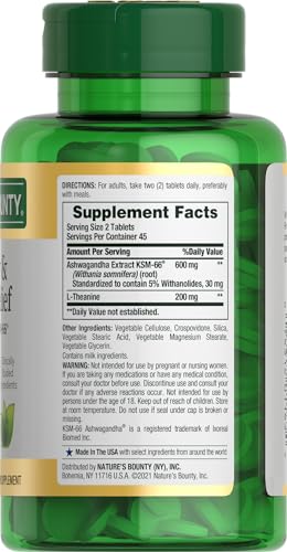 NATURE’S BOUNTY STRESS RELIEF, ASHWAGANDHA KSM-66, SUPPORTS OCCASIONAL STRESS RELIEF, DIETARY SUPPLEMENT, 2 TABLETS PER DAY, VEGETARIAN TABLETS, GLUTEN FREE, 90 CT