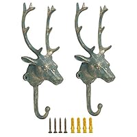 Sockeroos 9 inch Key Holder Romantic Decorative Hooks for Hanging Coats Cast Iron Deer Hook for Wall Decor, 2 Pack, Green-Gold