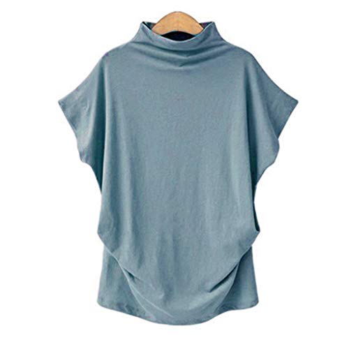 New in Summer Haalife◕‿Women Turtleneck Short Sleeve Top Fashion Irregular Blouse T Shirt Casual Oversize Tunic Tops Light Blue - Thumbnail 2