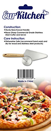 EurKitchen Deluxe Stainless Steel Pizza Cutter and Server, Slice and Serve Pizza, Pie, Cake and More, Wooden Handled Serrated Spatula with Built-in Wheel Cuts and Serves with One Convenient Tool