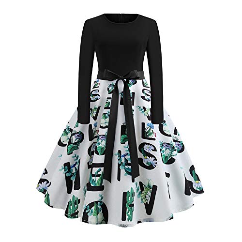 Women's Vintage Cocktail Party Dress 1950s Retro Dresses Long Sleeve Print Dress Patchwork Stitched A-line Dress (Floral#5, L)