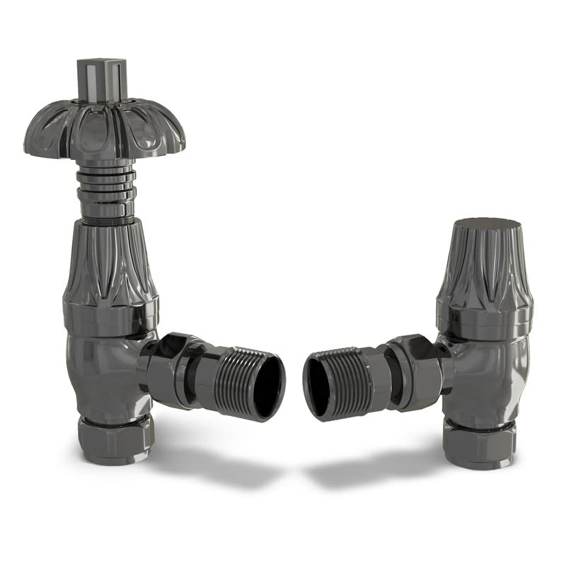 UK Radiators Black Nickel Thermostatic Radiator Valve and Angled Lockshield Valve - Polished Black Nickel Finish - Traditional Design 1/2" x 15mm Metal Head Radiator Valve