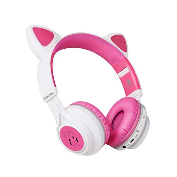 Bluetooth-Headphones-Riwbox-CT-7-Cat-Ear-LED-Light-Up-Wireless-Foldable-Headphones-Over-Ear-with-Microphone-and-Volume-Control-for-iPhoneiPadSmartphonesLaptopPCTV-WhitePink Riwbox Bluetooth Headphones, CT-7 Cat Ear LED Light Up Wireless Foldable Headphones Over Ear with Microphone and Volume…