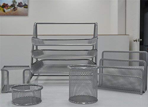 SHINE MESH OFFICE SET OF 5 PICES 3TIER LETTER/FILING/PAPER TRAY, LETTER SHELF,PENCIL-CUP,MEMO HOLDER & DOODAD CUP-MIDDLE