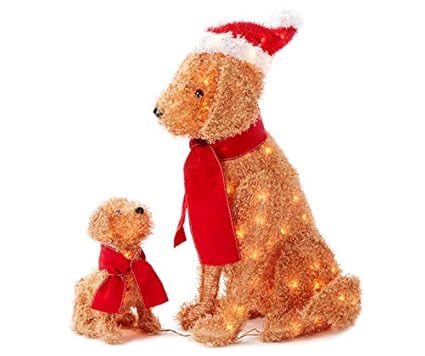 Lifelike Light Up Fluffy Dogs 2 Piece Set Indoor Outdoor