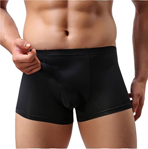 KEKEOCIA Men's Boxer Briefs Sexy Translucent Temptation Ice-Silk Long Bulge JJ Pouch Thong Underpants (Black, Large)