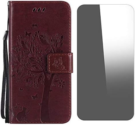 iPhone 8 Case, iPhone 7 Case, Conber Shockproof Leather Wallet Flip Case Cover + (Free Screen Protector), Vintage Emboss Tree and Cat Case for Apple iPhone 7/iPhone 8 - Brown