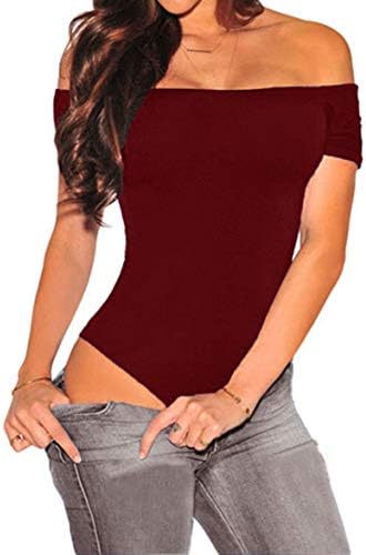 SlowTime Women Off Shoulder Short Sleeve Button Bodycon Stretchy Leotard Bodysuit Jumpsuits