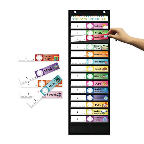 Black Schedule Pocket Chart for Classroom with 20 Cards,15+1 Pockets
