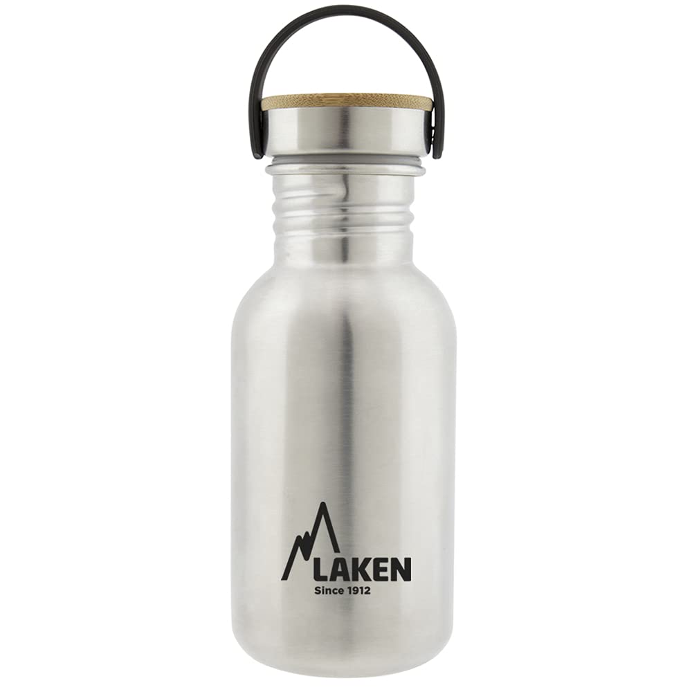 Laken Basic Stainless Steel Drinking Bottle Wide Opening with Stainless Steel Screw Cap with Bambo, BPA-Free 0.50 Litres, Silver