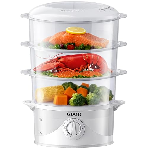 GDOR 3 Tier Electric Food Steamer for Cooking, 800W Vegetable Steamer for Fast Simultaneous Cooking, Dishwasher Safe, Boil Dry Protection, 60-Minute Timer, BPA-Free, 9.6 QT, White