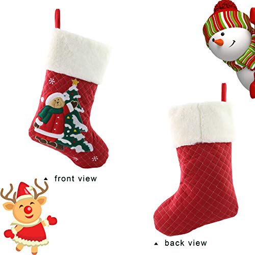 WEWILL 18’’ Diamond Christmas Stockings Set of 3 Classic Red White Plush Cuff Embroidered Snowman Reindeer Santa Claus Xmas Stockings Gift Bag Home Holiday Tree Decoration