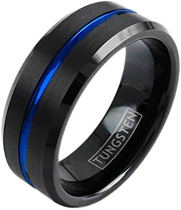 Black Tungsten Ring Thin Blue Line Brushed Band Men &amp; Women (tungsten (8MM), 14)