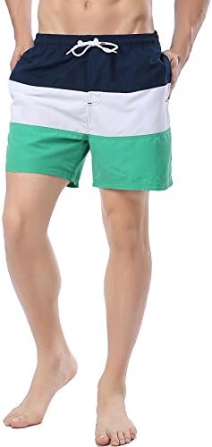 SHDAS Mens Board Shorts Quick Dry Block Stripes Swimming Trunks with Draw String Navy/White/Green Size Medium