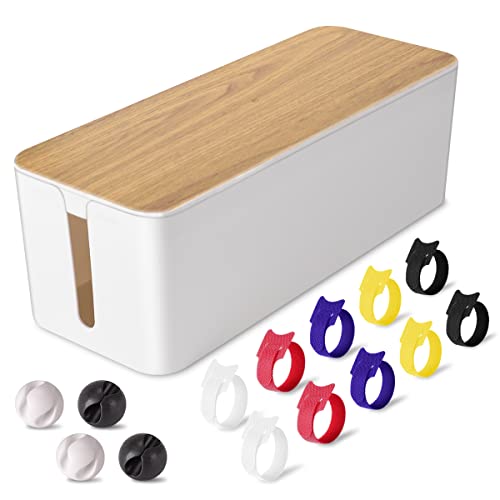 Cable Management Box Large - Wooden Grain Cable Organizer Box to Hide Wires&Power Strips,TV&Desk Computer Wires,with Cable Clips&Reusable Cable Ties for Home&Office(White)