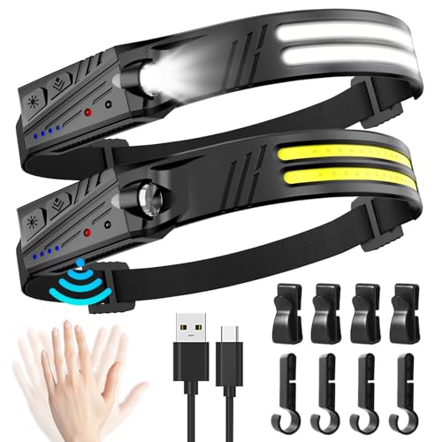 MLIAIMCE Headlamp, 2 Pieces Super Bright 2000 Lumens Rechargeable LED Front Torch with Motion Sensor 230° Angle 2 x LED, IPX5 Waterproof 0.14lb Lightweight Head Flashlight for Running Camping