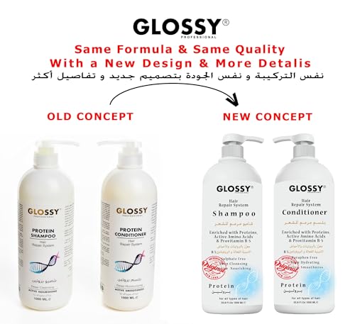 Glossy Professional Shampoo & Conditioner, Natural, Sulphate Free, Deep Cleaning & Hydrating Treatment, After Straightening, Unisex For Daily Use 1000 ML Set of 2 Pce (Protein Shampoo & Conditioner)