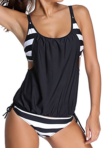 Angerella Sexy Stripe Lined Double Up Tankini Two Pieces Bathing Suit [Best Fit]