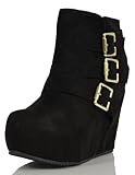 Soda Women's Besso Faux Suede Triple Buckle Platform Wedge Ankle Bootie Boot