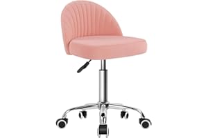 KKTONER Rolling Stool Swivel Office Chair Velvet Vanity Chairs Height Adjustable stools with Back for Bedroom Home Makeup Cosmetic Drafting(Pink)
